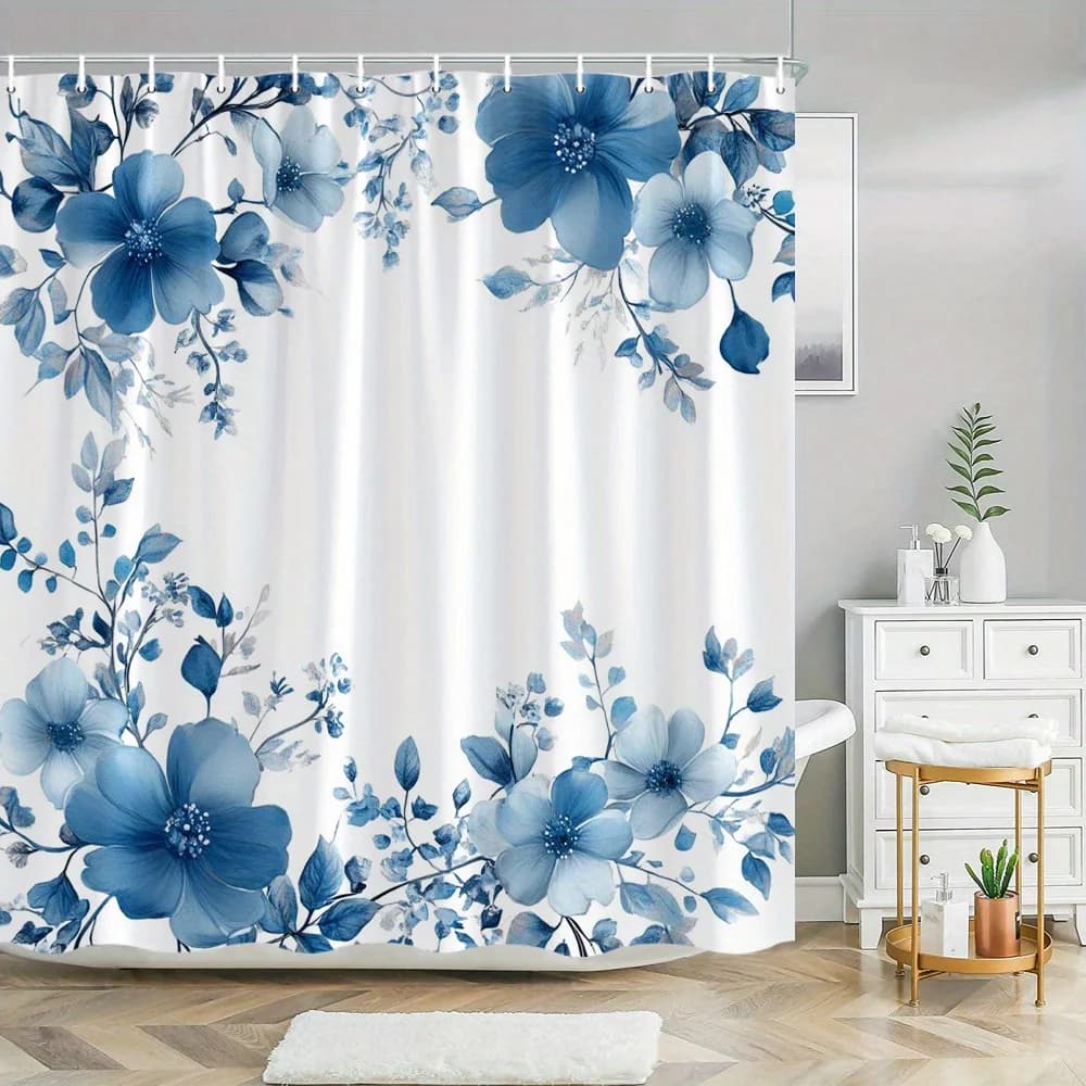1 pezzo Elegante tenda da doccia floreale blu e bianca, decorata con delicate fiori ad acquerello, tessuto in poliestere, lavabile in lavatrice