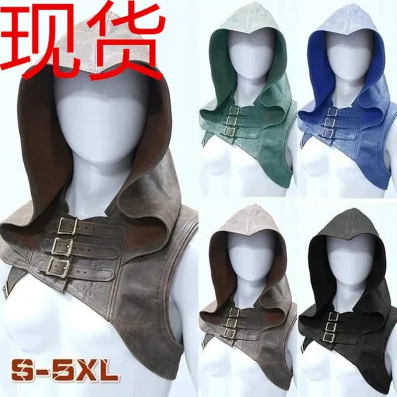 T-shirt da donna di Halloween Cacciatrice Assassino Costumi cosplay medievali Carnevale Top corto con cappuccio Gilet in ecopelle Abbigliamento da elfo