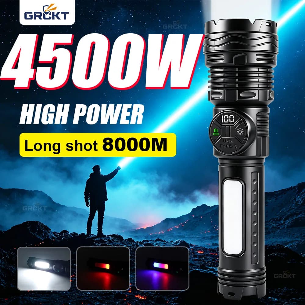 New 4500W Ultra Bright LED Flashlight Tactical Torch Spotlight Telescopic Zoomable Light USB Charging Fishing Emergency Lantern