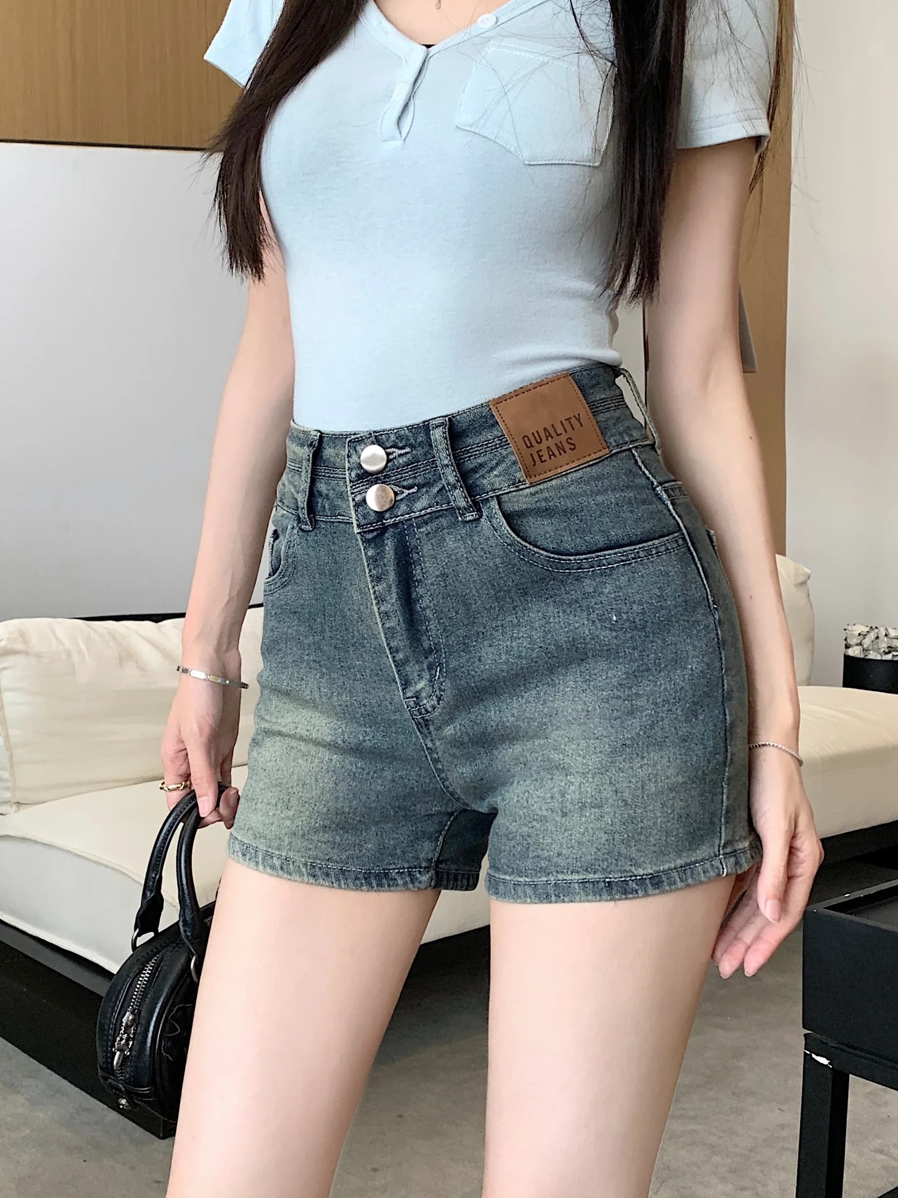 Retro High Waist Distressed Straight Leg Jeans Women's Summer New Style Slimming Shorts Two Button Casual Cotton Denim