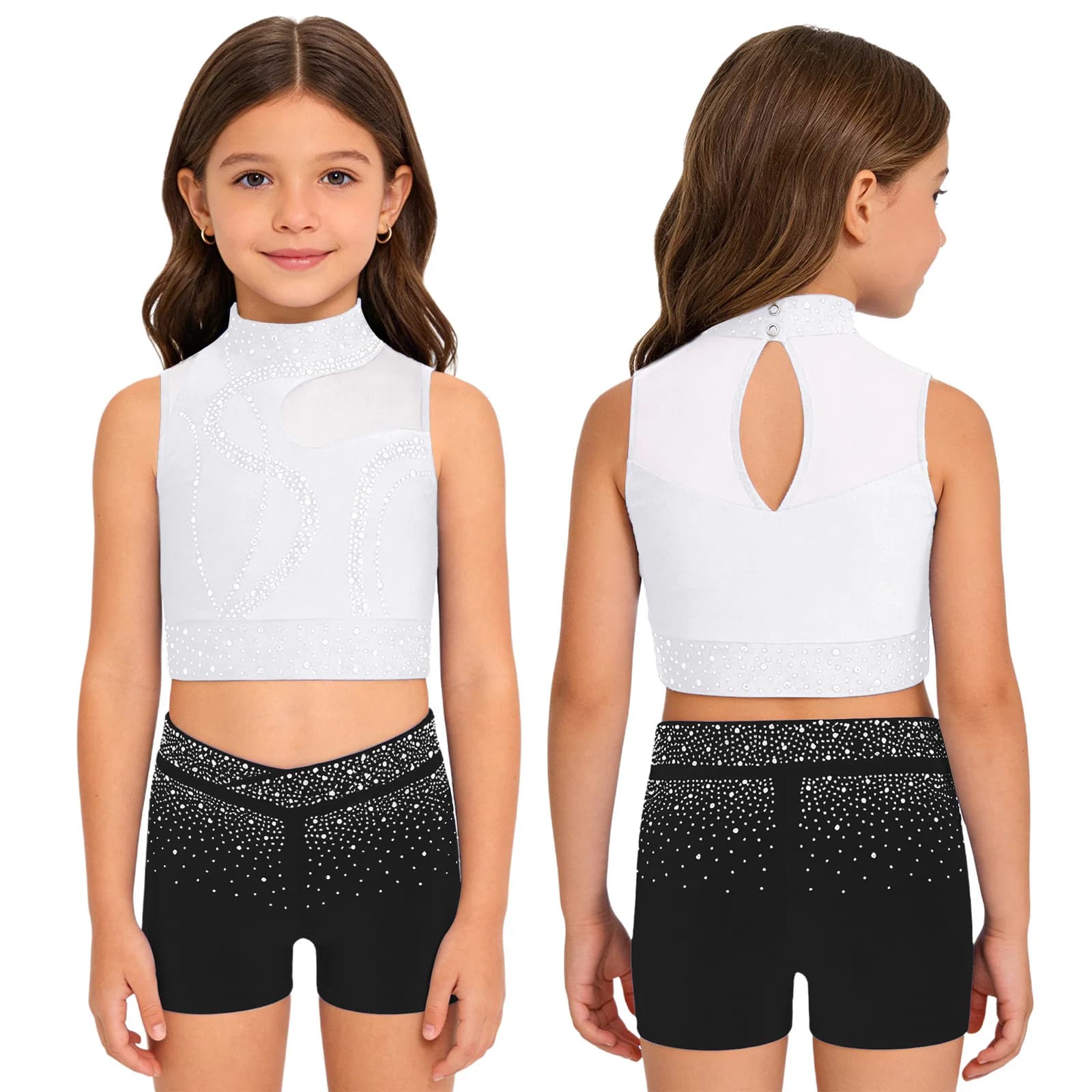 Ginnastica per ragazze, balletto, danza, vestito, strass lucidi, senza maniche, top corto in rete con pantaloncini, pattinaggio su ghiaccio, yoga, acrobazie