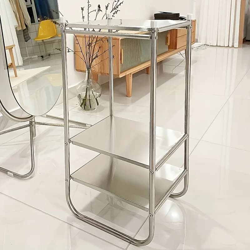 3-Tier Industrial Side Table, Stainless Steel Storage Shelf with Wheels, Mobile Organizer Rack for Living Room, Bedroom, Kitchen
