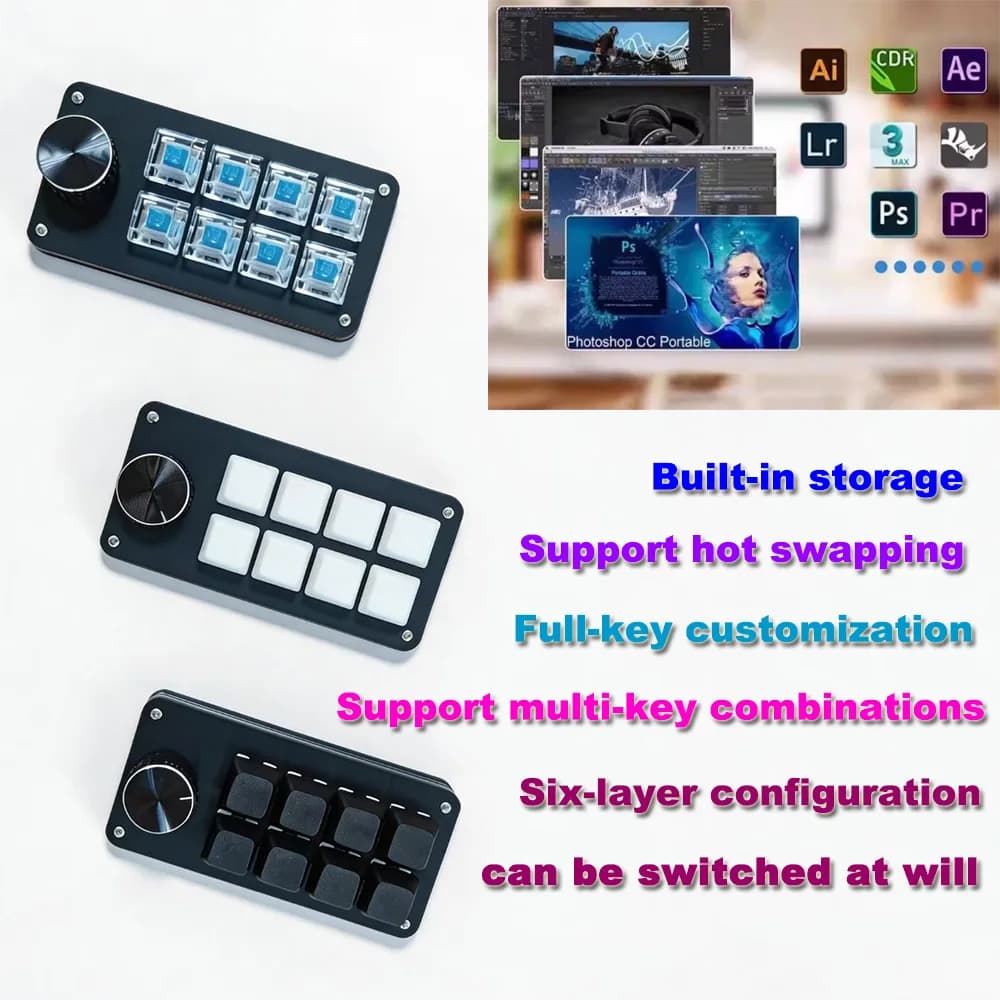Mini tastiera con manopola singola e 8 tasti con un clic, funzionamento rapido, impostazioni personalizzabili multistrato per ufficio e intrattenimento