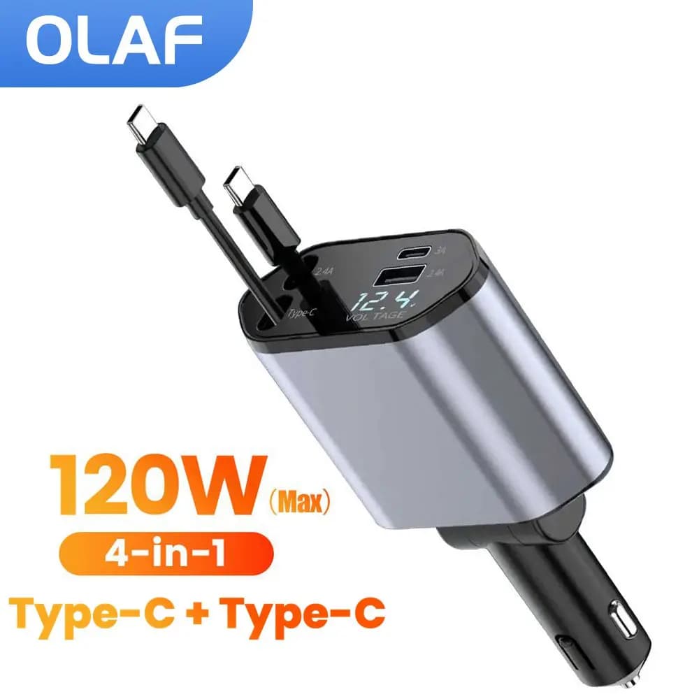 4 in 1 120W Car Charger Retractable Car Cigarette Lighter Adapter with USB Type C Fast Charging Cable for iPhone 15 16 Samsung
