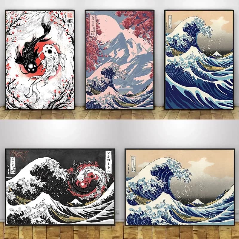 1 pz. Quadro su tela senza cornice, Grande Onda di Kanagawa, Stampa artistica astratta da parete, Stile Giapponese Retrò Tradizionale