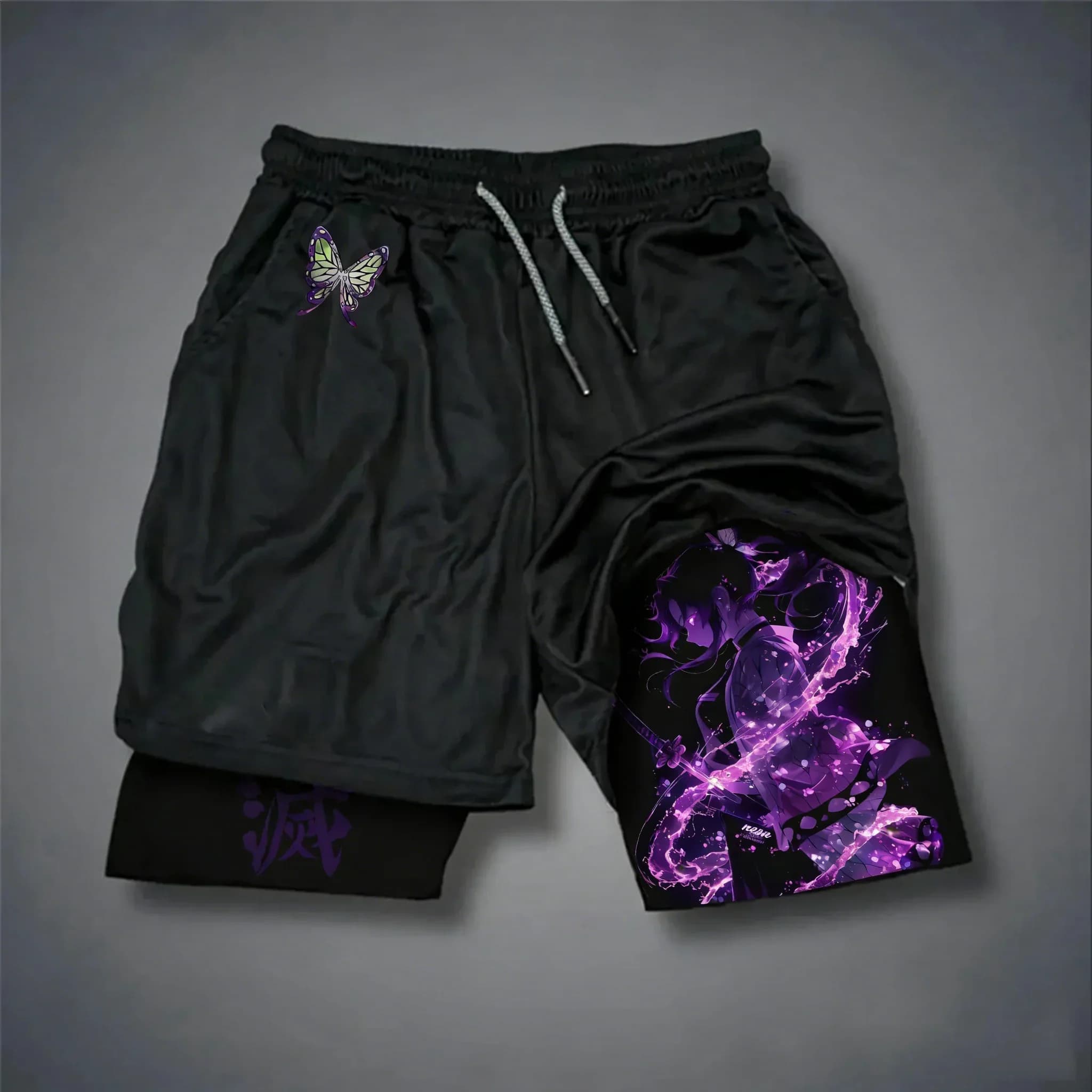 Unisex summer shorts Demon Slayer Kochou Shinobu with anime print, sports shorts 2 in 1 breathable quick drying for swimming and fitness