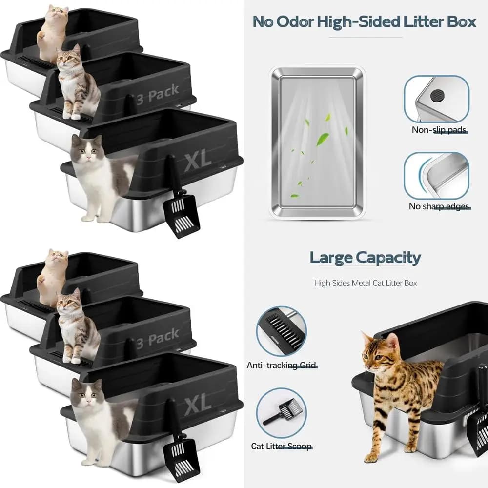 Lettiera per gatti extra large in acciaio inossidabile con bordi alti e paletta, XL 22.9 x 15 x 10.3, anti-schizzo, facile da pulire