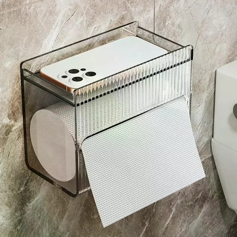 /TPz/Acrylic Wall Mounted Toilet Paper Holder With Top Phone Storage Shelf For Home Bathroom Organization Clear