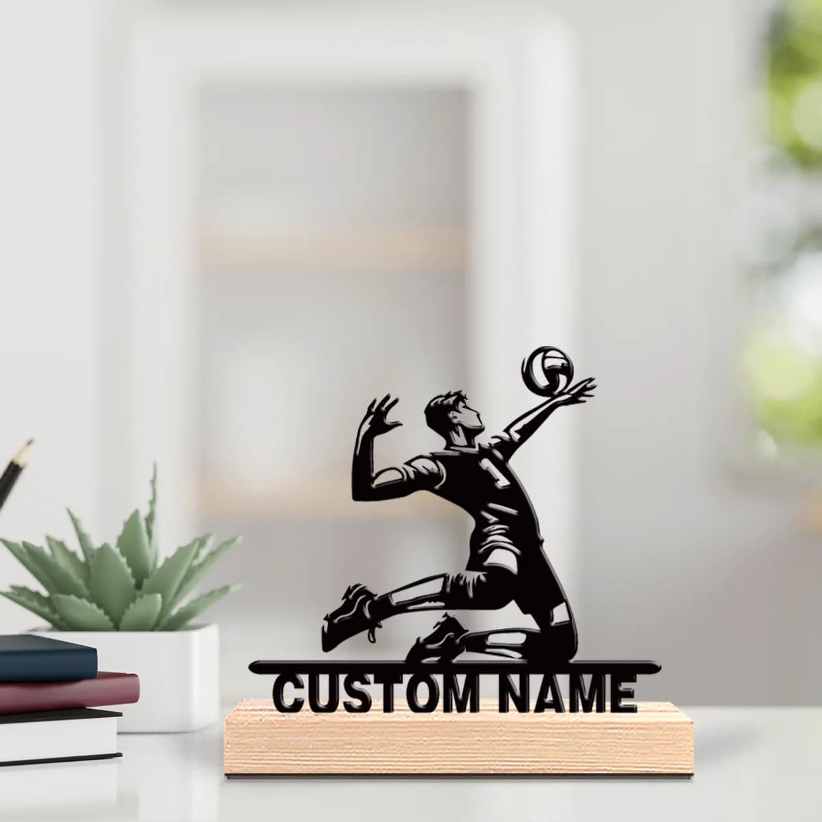 Statua in Metallo Personalizzata di Pallavolisti con Base in Legno, Decorazione da Tavolo, Arte da Scrivania con Base in Legno per Appassionati della Natura