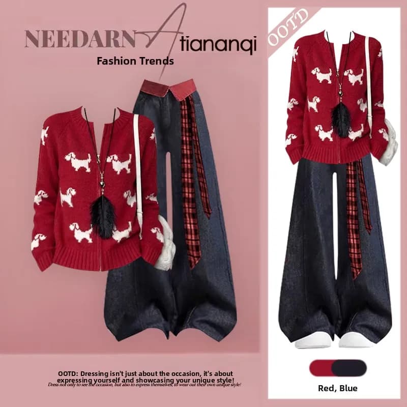 Set Due Pezzi da Donna: Maglione Lavorato a Maglia e Jeans a Vita Alta, Moda Autunno Inverno, Casual, Comodo e Snellente