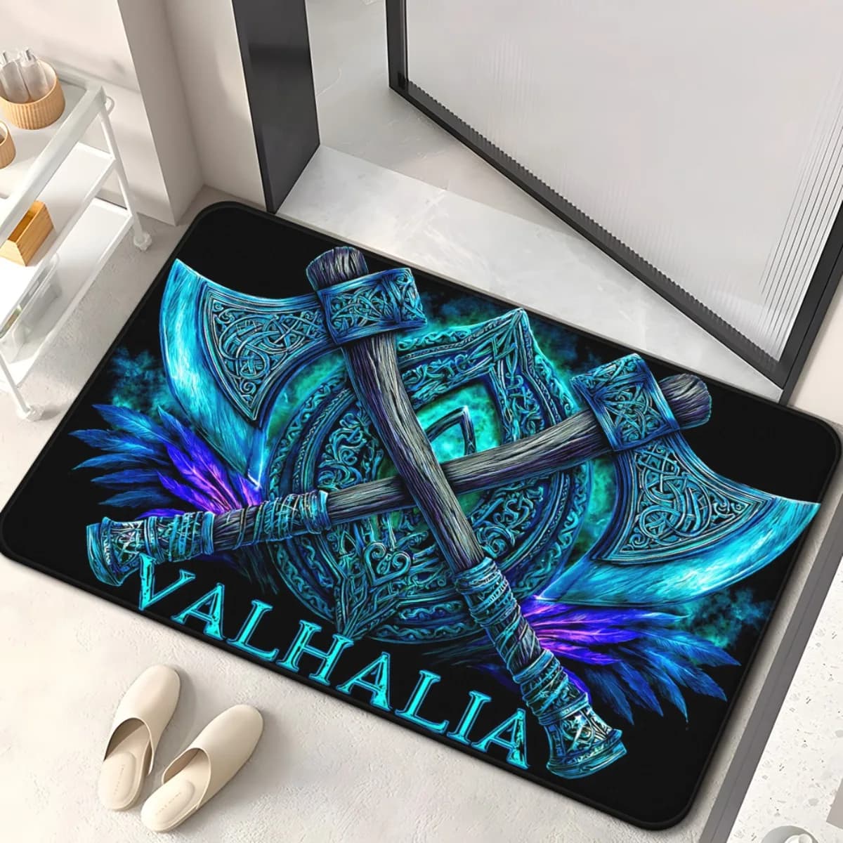 1Pc Axes with Valhall" Emblem Door Mats 700Gsm, Non-Slip Bathroom Floor Mat, Microfiber Absorbent Machine Washable Polyester Rug for Bedroom, Living Room Entrance, Camping Picnic Rugs, Outdoor Mat, Outdoor Rug