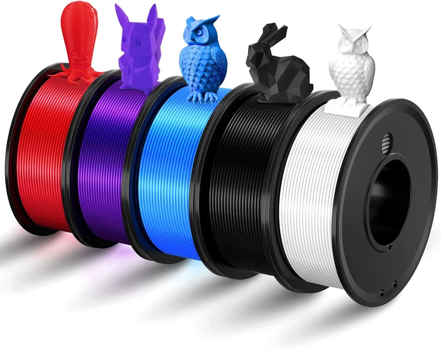 PLA Filament for 3D Printer 1.75mm, Set 5 Colors: Black Red Blue Purple, Precision ±0.02mm, Vacuum Packed