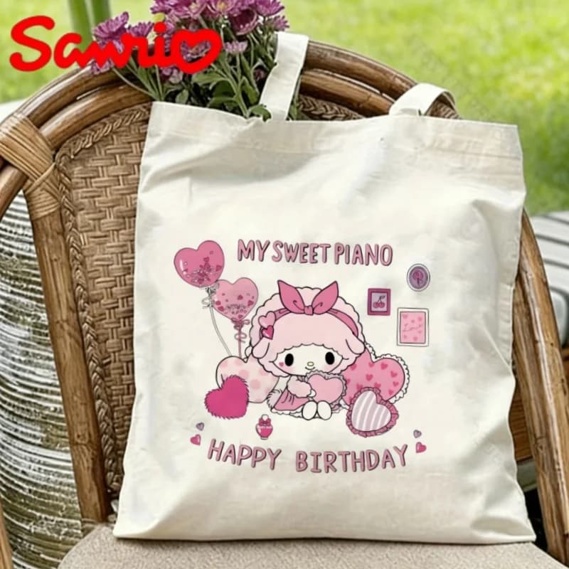 1 borsa a tracolla in tela ecologica con stampa Kawaii Sanrio My Sweet Piano "Happy Birthday"