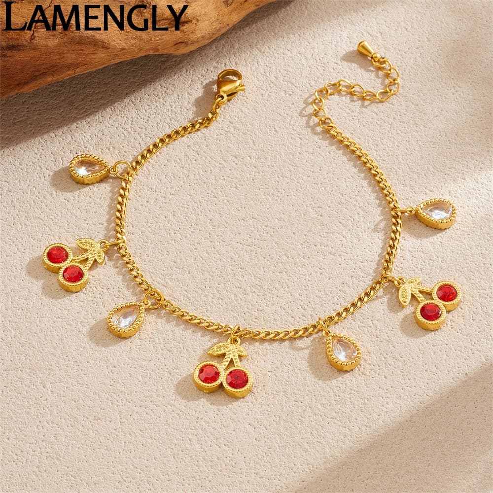 LAMENGLY Acciaio inossidabile 316L Zircone rosso intarsio Ciliegia Briolette Bracciale con ciondoli Donna Elegante Chic Catena da polso Gioielli Regali