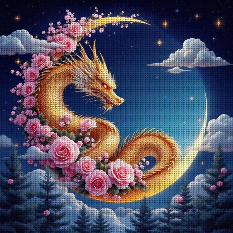 Kit Punto Croce Drago Luna Rosa Fai da Te 11CT Ricamo Decorazione Murale Casa Regalo Materiale Fatto a Mano Senza Cornice Semilavorato 36×36cm