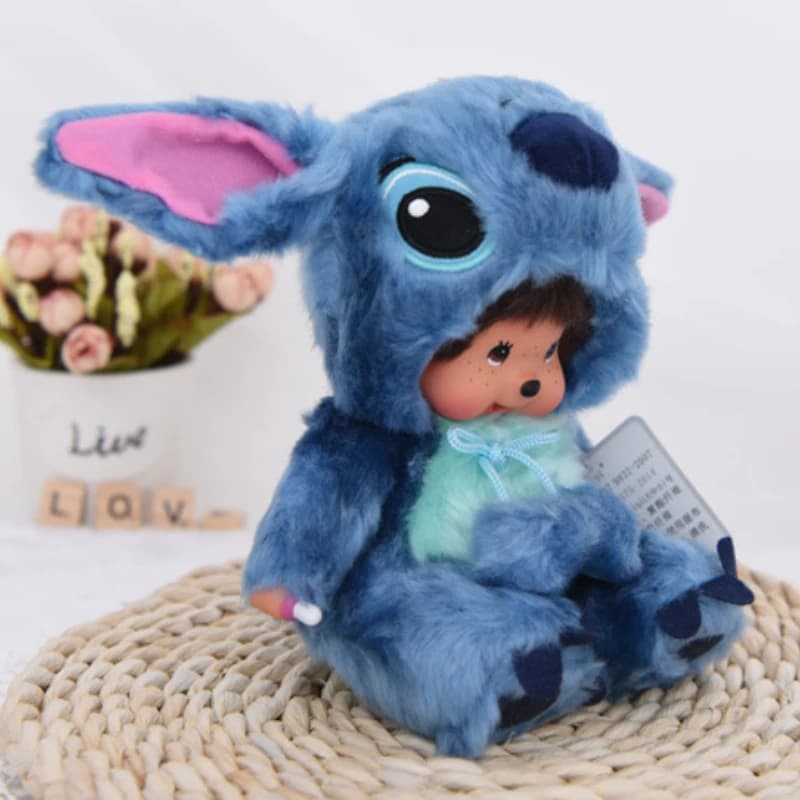 Simpatico Peluche Anime Monchhichi 20cm in Vinile, Stitch Blu e Rosa Travestito, Regalo per le Feste