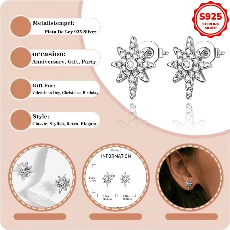 925 Sterling Silver Star Earrings for Women Hypoallergenic Cubic Zirconia North Star Stud Earrings Dainty Everyday Jewelry Gift
