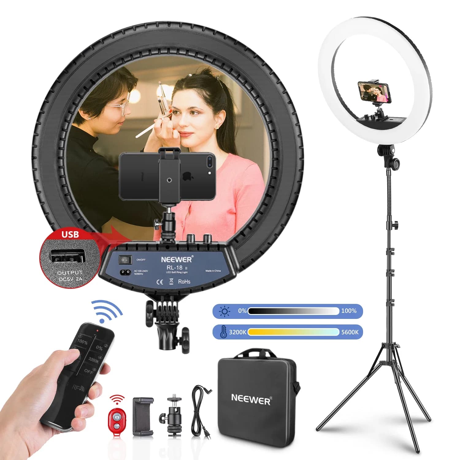 Neewer Anello Luminoso LED da 18 Pollici con Supporto e Telecomando Wireless, Ring Light da 55W per Trucco con Supporto per Tubo/Telefono/Testa a Sfera per Vlogging