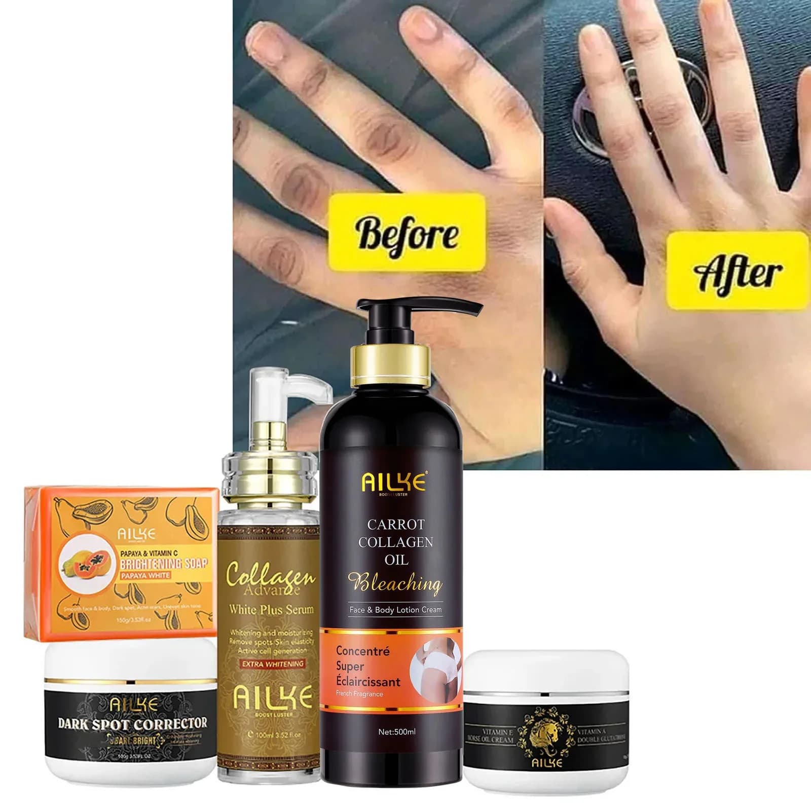 AILKE Collagen lightening kit, cleanser, moisturizing, hydration, cream for removal of dark spots, whitening and bleaching body lotion