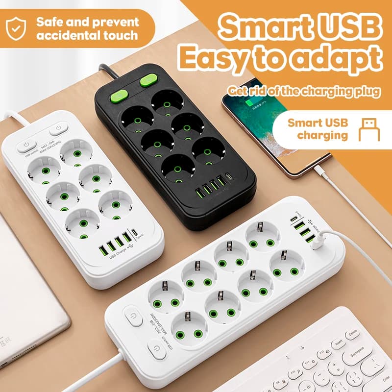Smart 6-Socket Power Strip 2M Extension Cable 4 USB 1 Type-C Universal Surge Protector Individual Switch White Black