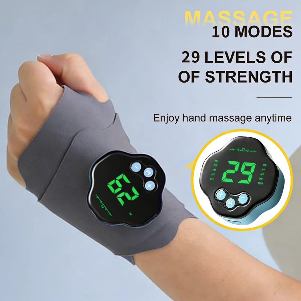 Massaggiatore elettrico per mani a 29 livelli, microcorrente EMS, braccialetto senza fili, batteria integrata da 300 mAh, supporto per polso.