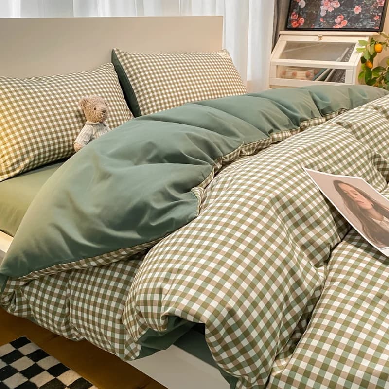 Set di Biancheria da Letto in Cotone Stile Nordico 4 Pezzi, Copripiumino in Puro Cotone, Set Semplice a Righe