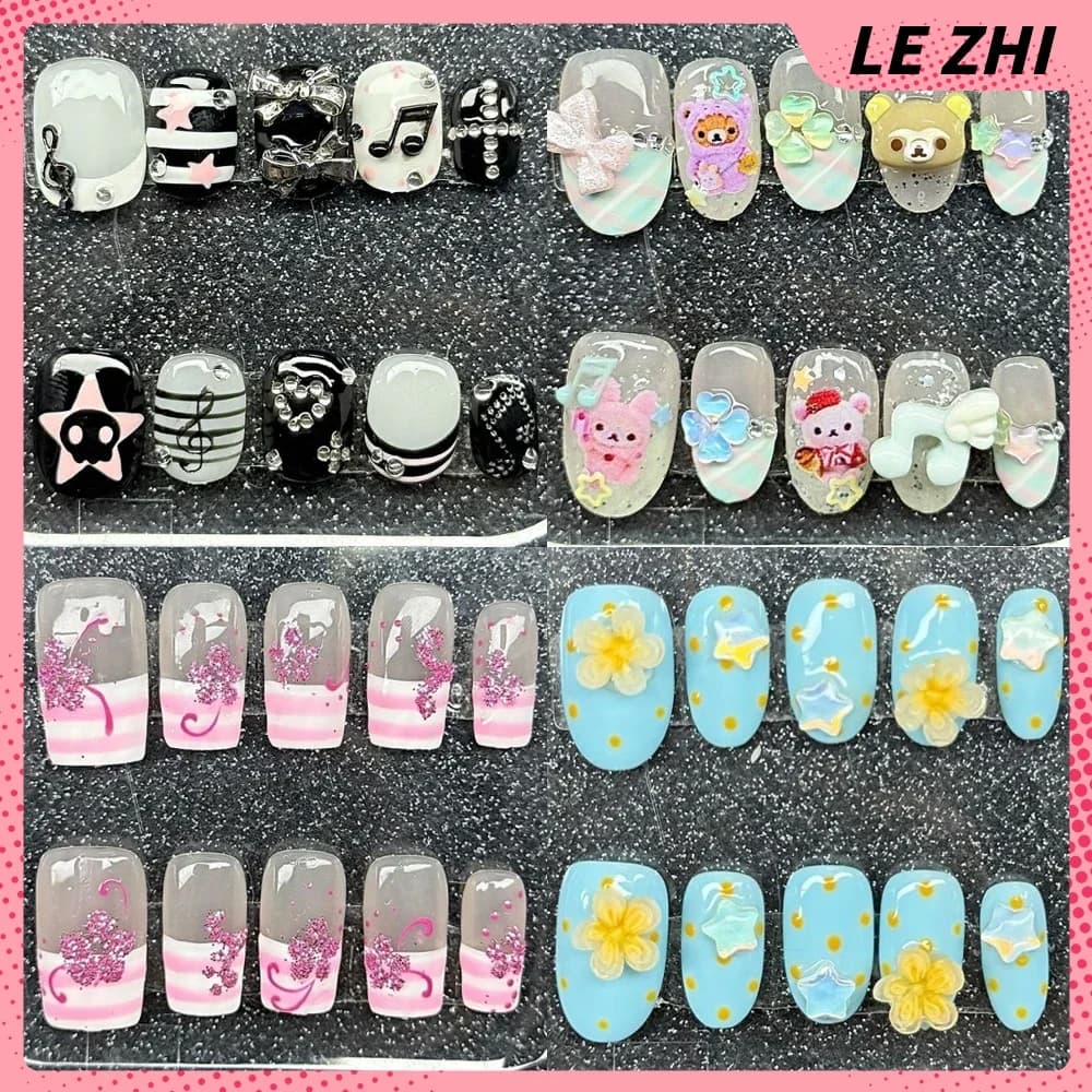 Y2K Cartoon Rilakkuma Handmade Square Ellipse Press On Nails Fiori Quadrifoglio Note Diamante Bowknot Nail Party Sticker