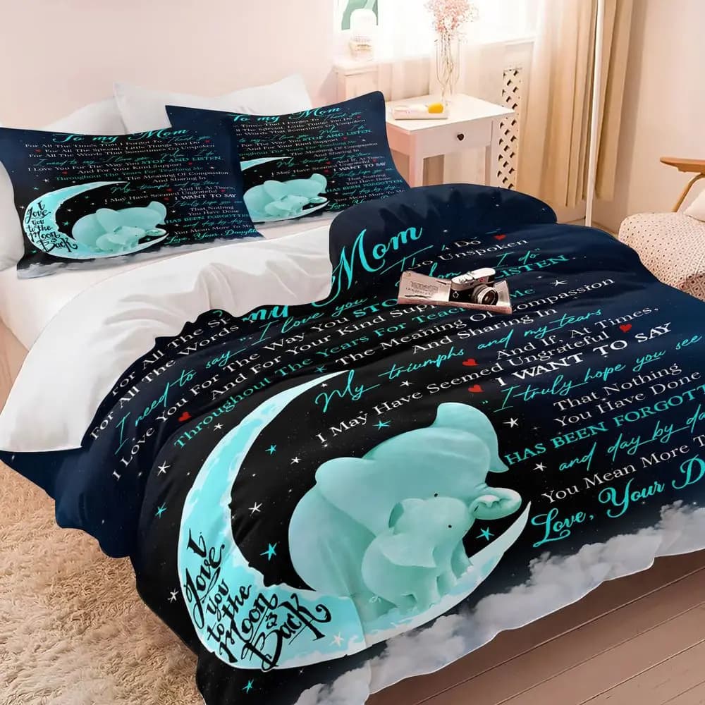 To My Mom Elephant Print Duvet Cover Set (1 Duvet Cover & 1/2 Pillowcase) Soft Bedding Set Mothers Day Gift Decor