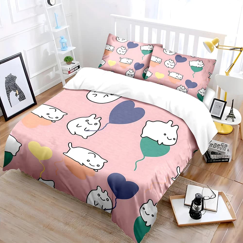 Set di biancheria da letto con stampa di simpatici animali bianchi con palloncini, 1 copripiumino, 2 federe per adulti e bambini, regalo di lusso, misura completa