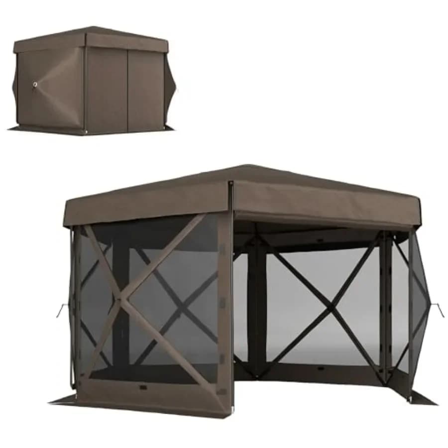 12' x 12' Hexagonal Pop Up Gazebo Tent with 5 Sidewalls Waterproof Portable Outdoor Shelter in Beige with Curtains Carry Bag