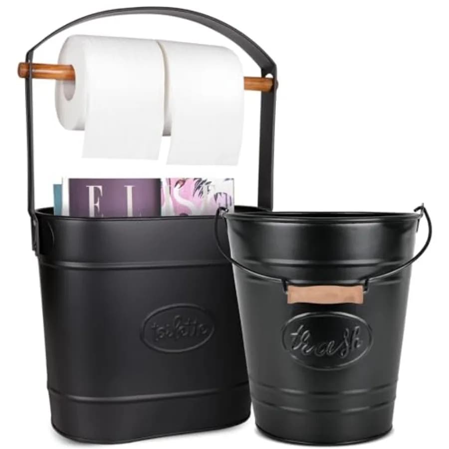 Set Bagno Stile Rustico - Cestino e Porta Carta Igienica Nero Opaco con Manico in Legno - Accessori Decorativi per il Bagno
