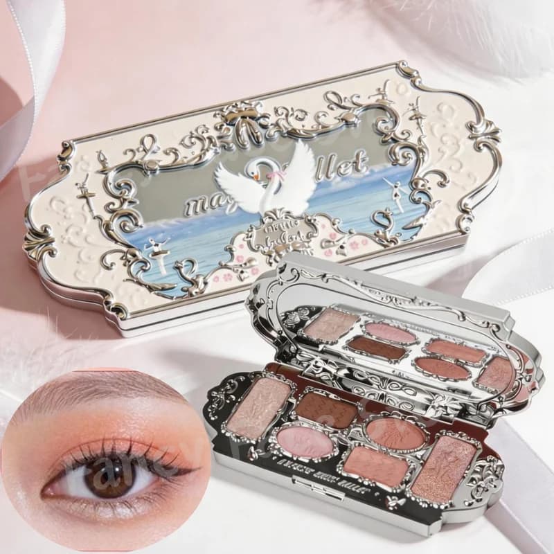 Palette di ombretti Swan a 6 colori con specchio decorativo, palette di ombretti in stile pizzo floreale vintage per un look romantico, trucco viso