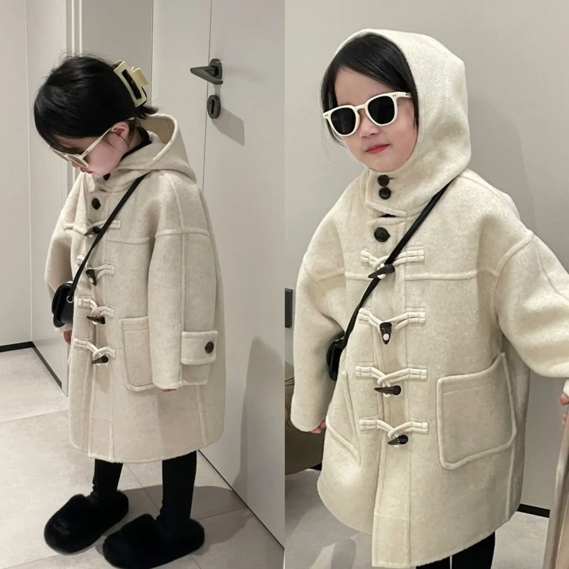 Cappotti per bambini Cappotto di pelliccia con cappuccio con bottoni in corno stile coreano Cappotto invernale per ragazzi Ragazze Giacche per bambini Abiti invernali per bambina