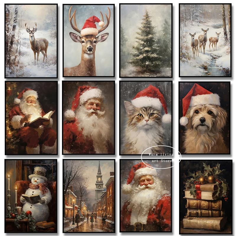 Natale babbo natale Country Farmhouse Elk Cat Snow Tree Forest Canvas Painting Winter Landscape Poster Print Room Home Decor
