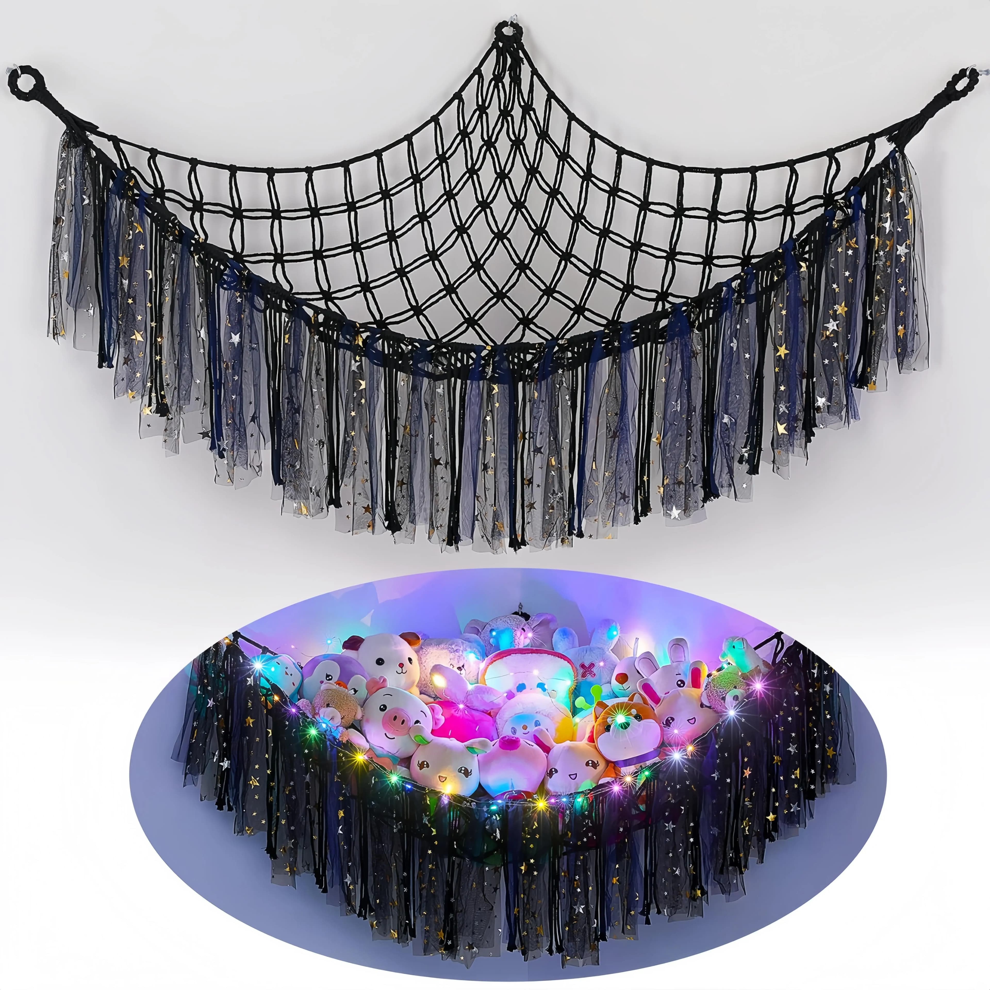 Hanging Stuffed Animal Hammock with LED Light Macrame Plush Toy Storage Net Organizer Large Wall Corner Mesh Space Saver for Kids Girls Nursery Bedroom Playroom Boho Decor