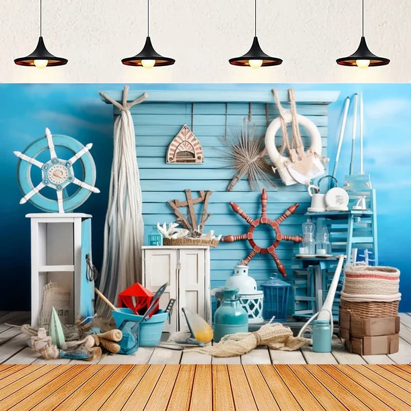 Sfondo Fotografico Blu con Poster Muro in Legno, Conchiglie, Timone, Rete da Pesca, Stella Marina - Banner per Compleanno