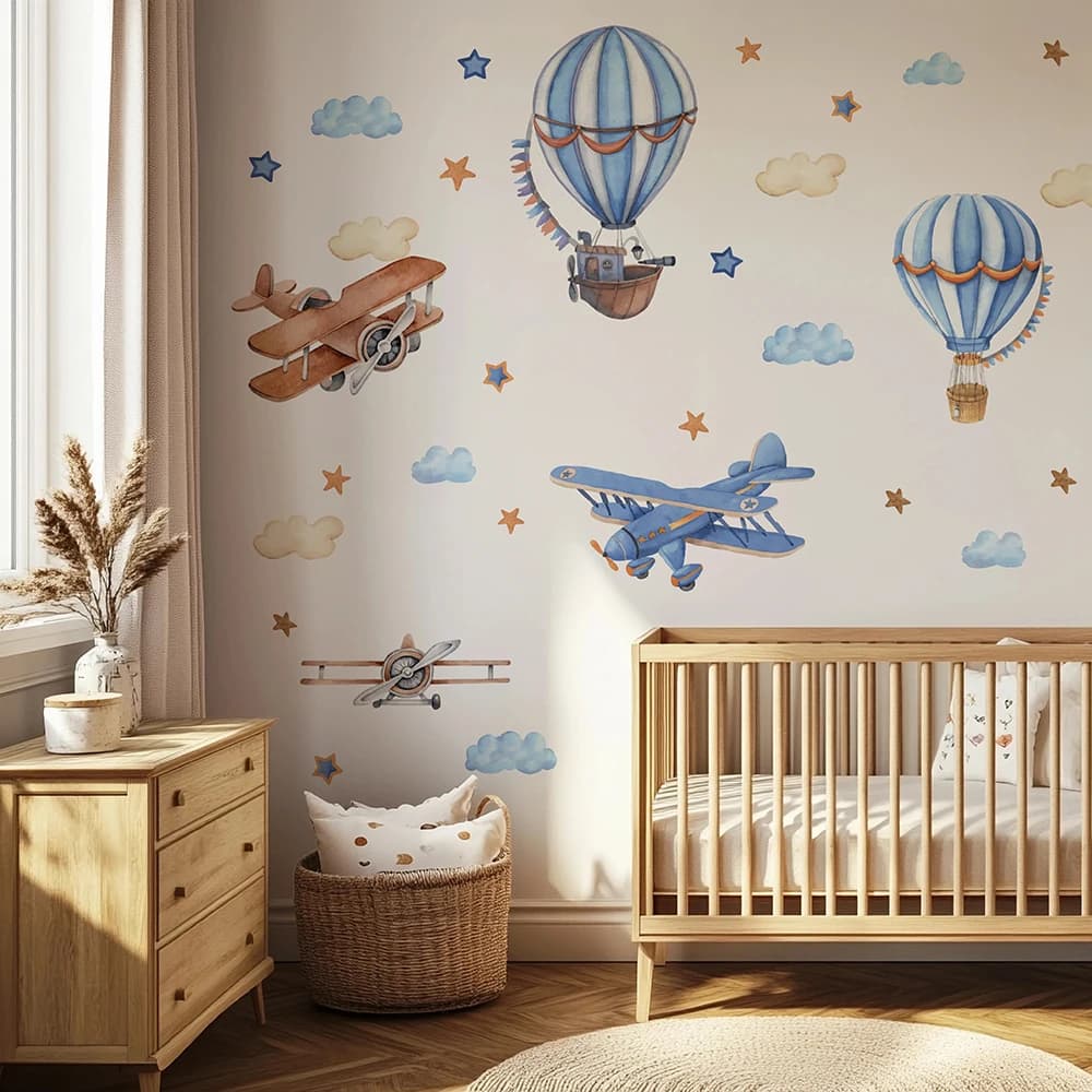 Aerei dei cartoni animati Adesivi murali mongolfiera Calda Asilo nido Camera dei bambini Biplano Aereo Nuvola Decalcomanie da muro Camera da letto Soggiorno Decor