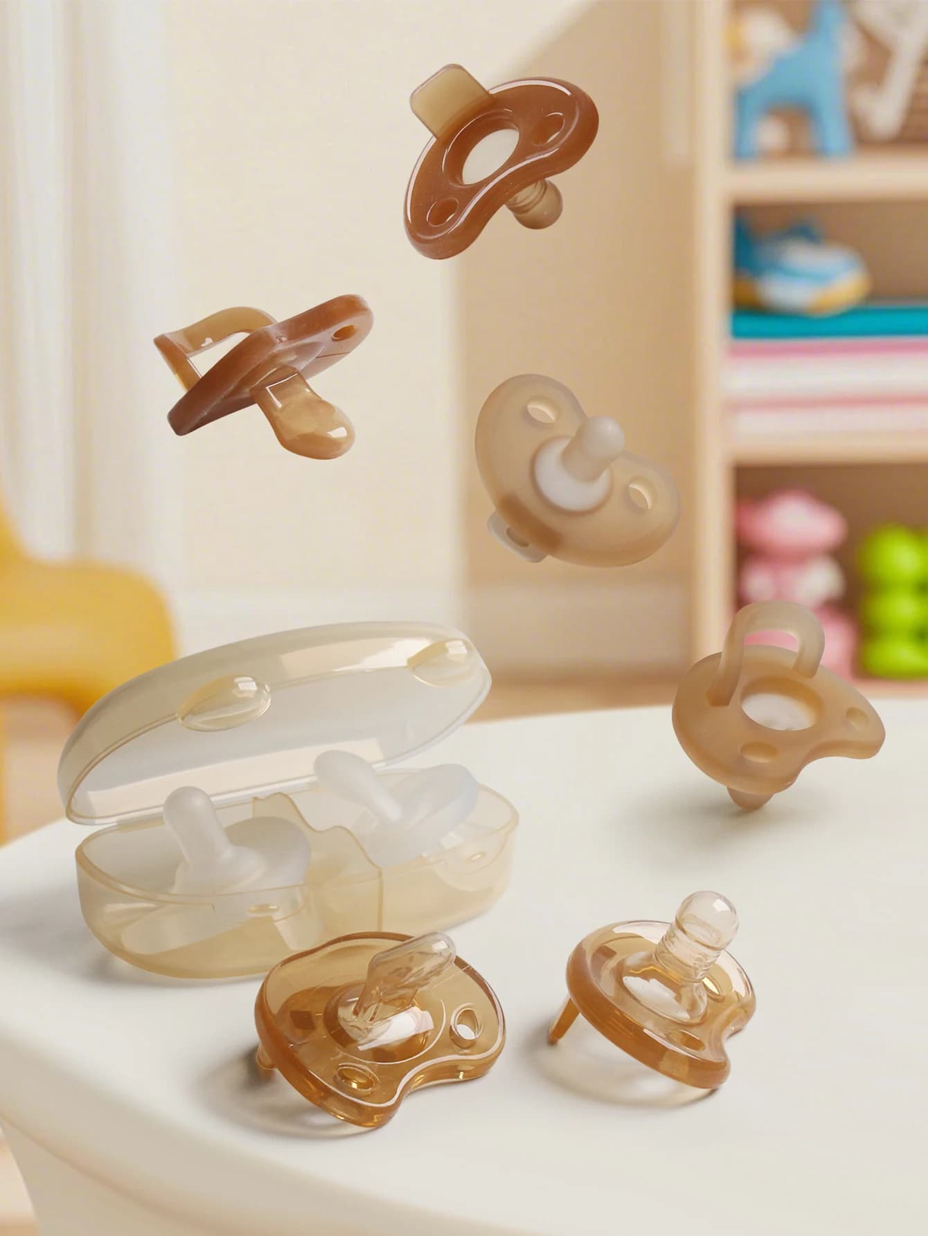 Set ciuccio in silicone per bambini Giorno e notte con scatola portaoggetti per orsetto carino Ciucci con stampo monopezzo in colore puro marrone Set di succhietto gelo