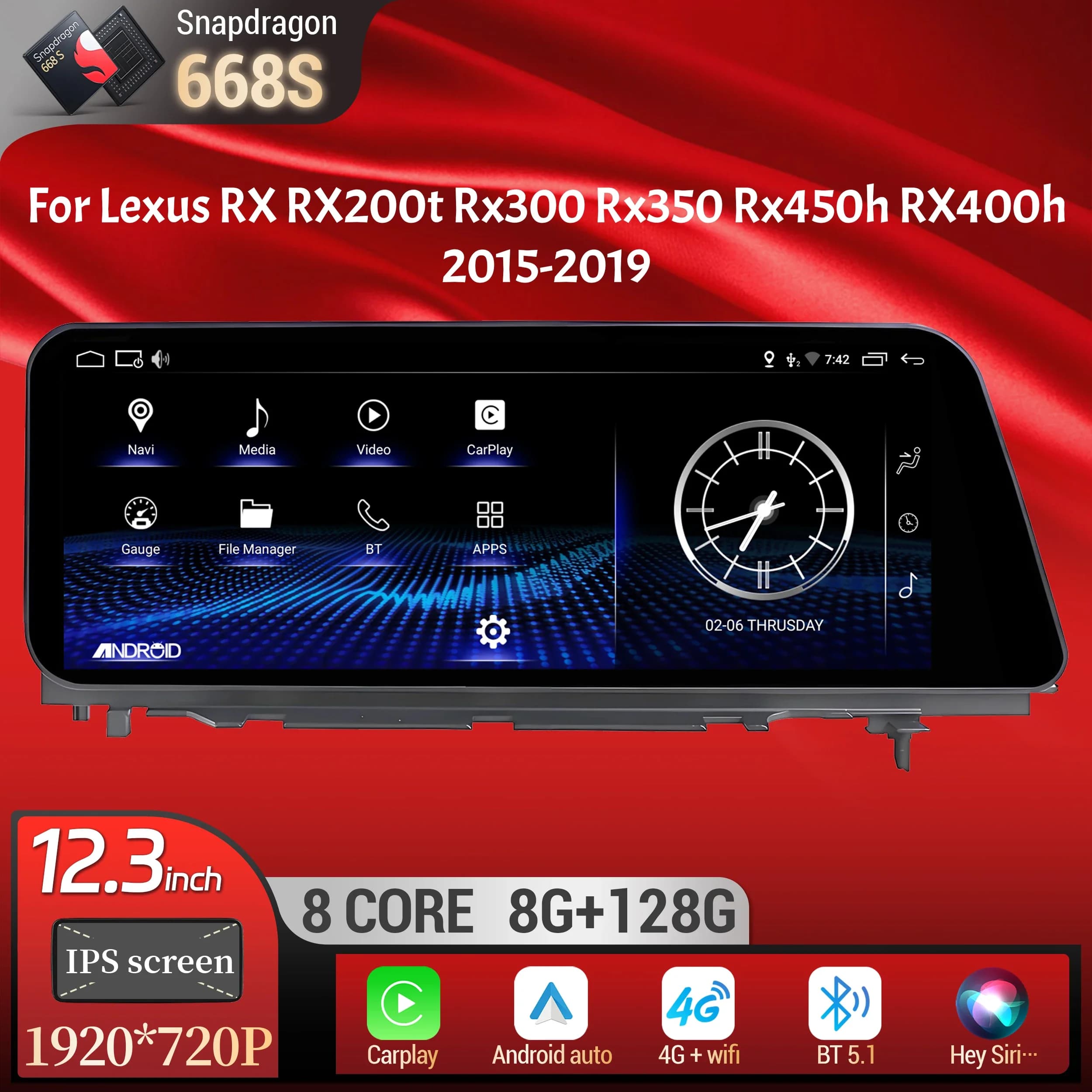 12.3 pollici Per Lexus RX RX200t Rx300 Rx350 Rx450h RX400h 2015-2019 Autoradio Multimedia di Navigazione CarPlay Snapdragon 668S Schermo