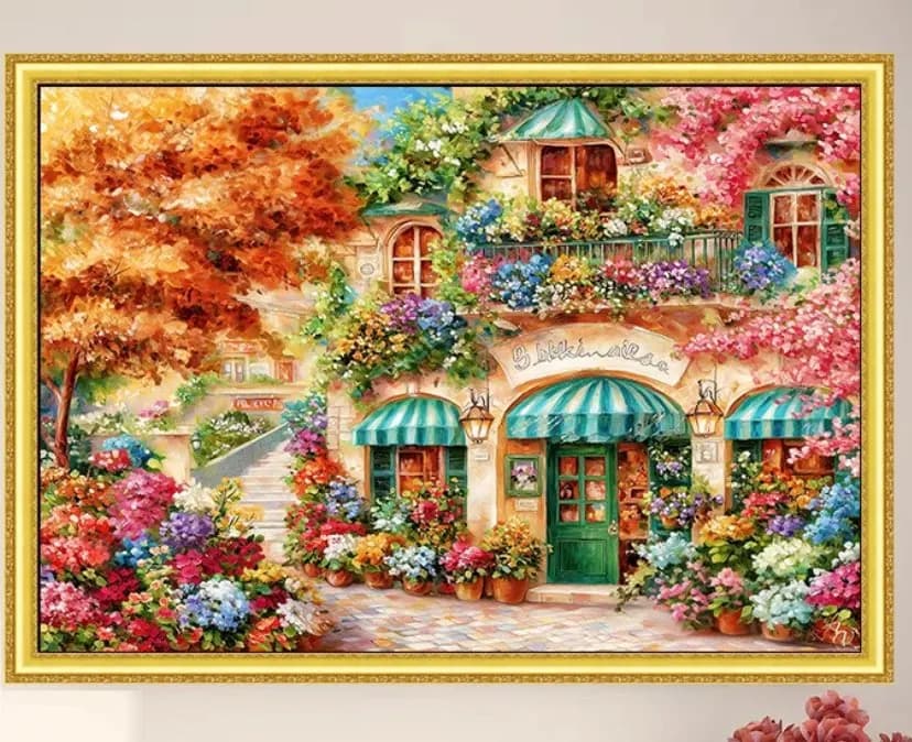 Negozio di fiori di strada Punto croce stampato 14CT 9CT Ricamo fai da te Set di cucito Artigianato con aghi Fili