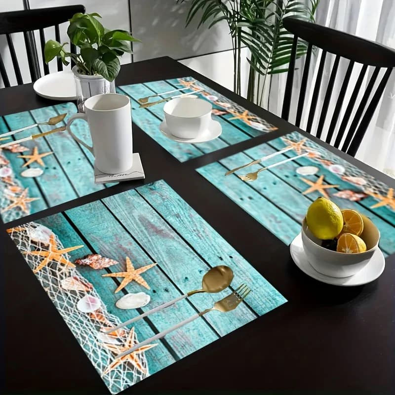 Blue Wood Board Starfish Fishing Net Printed Placemats Heat Resistant Coastal Nautical Dining Beach Theme Party Table Decor