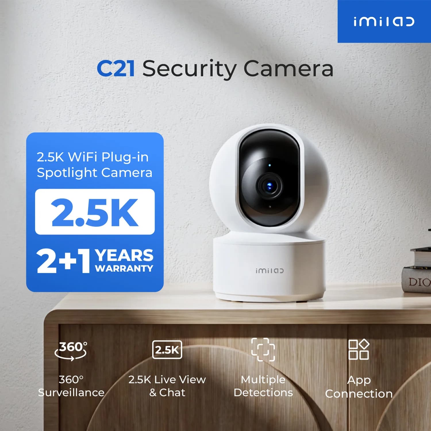 Telecamera WiFi IMILAB C21 360 ° Visualizza protezione di sicurezza 2,5K, visione notturna, baby monitor, audio bidirezionale, tracciamento umano, rilevamento AI
