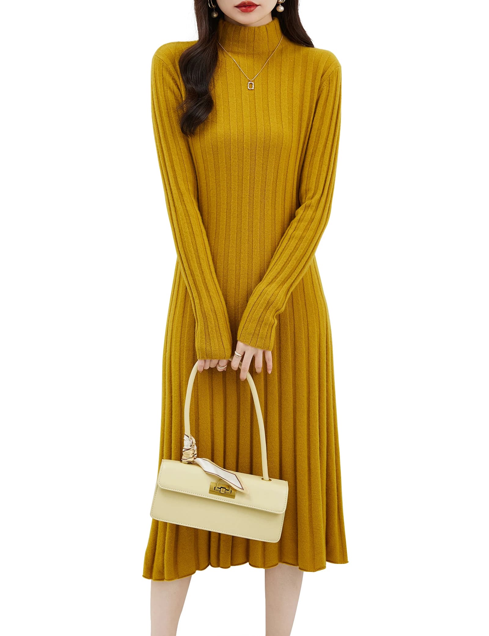 EU Size Women's 100% Merino Wool Sweater Dresses Fall Winter Turtleneck Casual Long Sleeve Knitted Long Sweaters Dresses Elegant