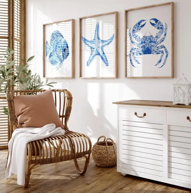 Set di 3 Quadri su Tela con Paesaggi Costieri, Poster Minimalisti Senza Cornice con Pesci, Stelle Marine e Granchi per Decorazioni da Parete del Soggiorno