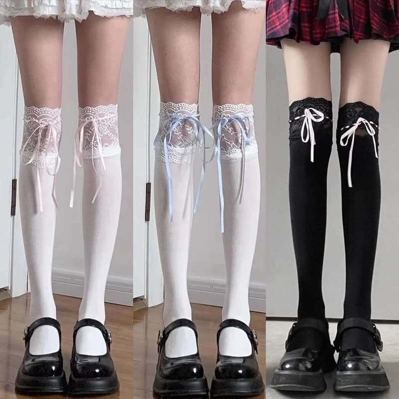 Calzini da ragazza a tubo centrale in maglia di pizzo Bowknot Lolita Calzini estivi con gonna corta da donna Calzini al ginocchio carini bianchi neri