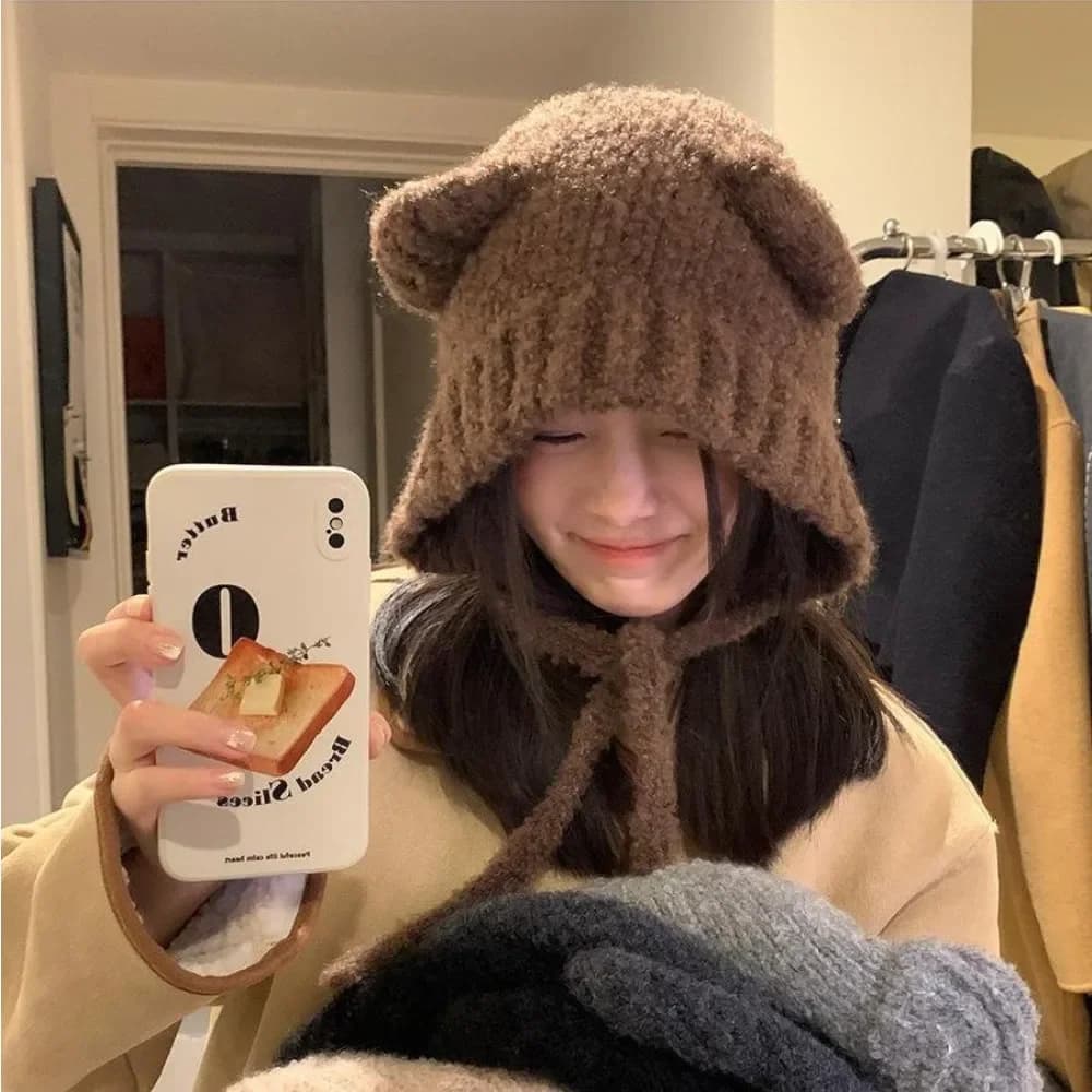 Ragazza carina Maglia Protezione per le orecchie Cappello Orso Donna Paraorecchie Berretto Cofano di lana Tinta unita Cappuccio Berretti Inverno Caldo Copricapo buono