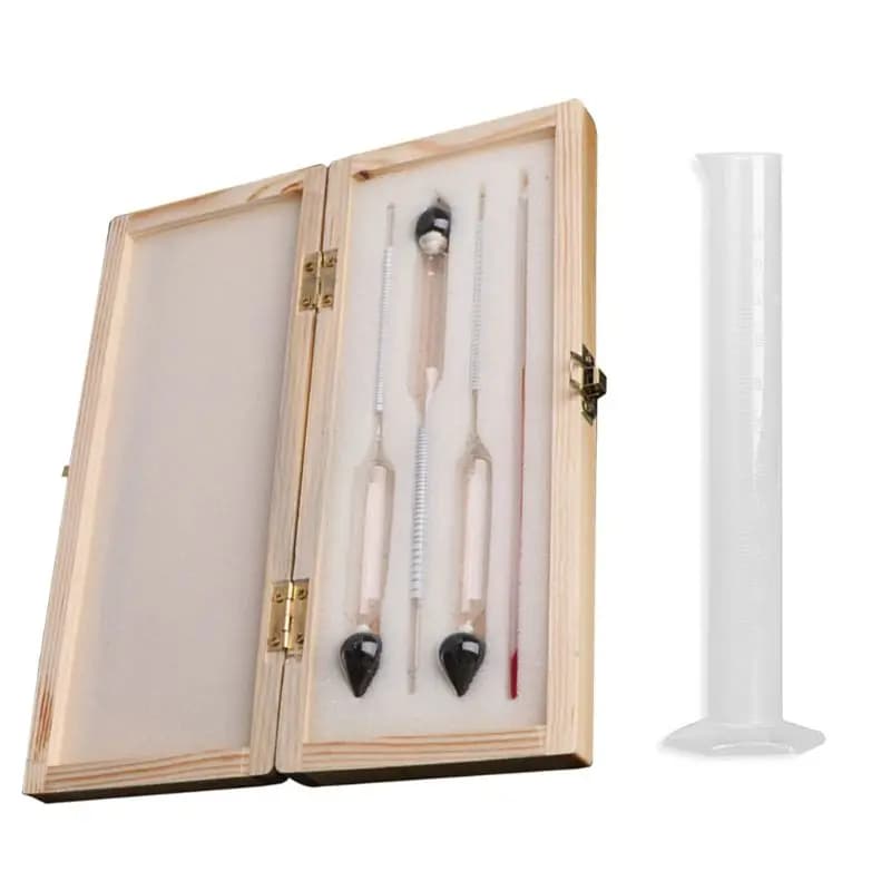Set di Strumenti Vintage: Idrometro, Bottiglia di Misurazione, Scatola in Legno, Alcolometro, Misuratore di Concentrazione del Vino, Termometro