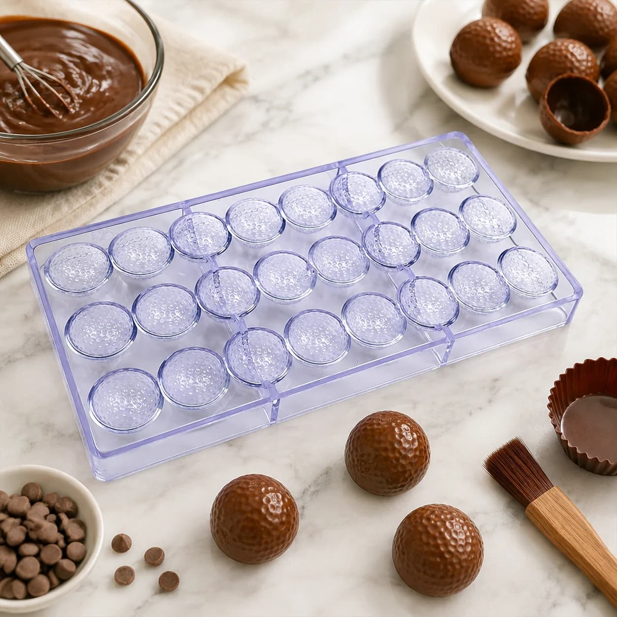 Polycarbonate Chocolate Mold, 24‑Cavity Golf Ball Shape Candy Mould, Textured Sports Ball Bonbon Chocolate Mold