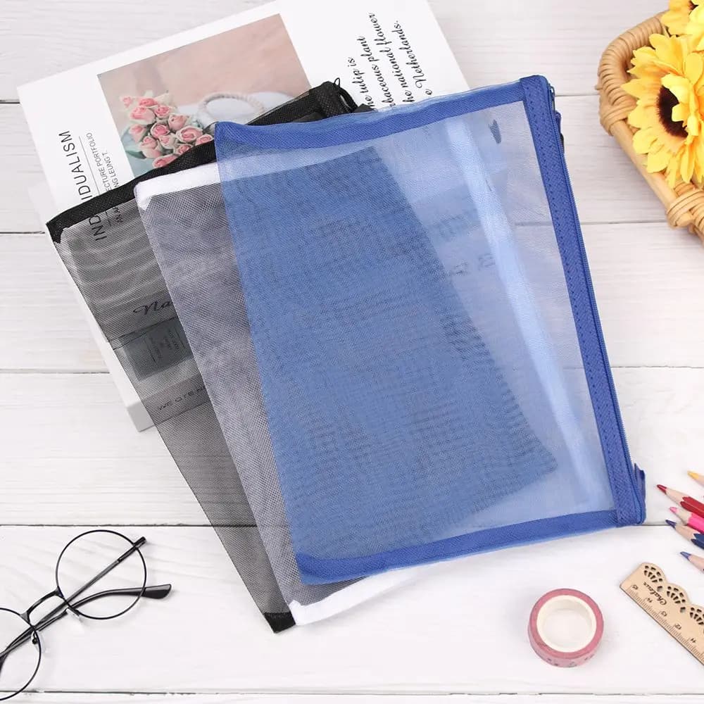 Solid Color Fashion Stationery Coin Purse Cosmetic Handbags Zipper Pencil Case Transparent Grid Mesh Pen Bag Cosmetic Storage