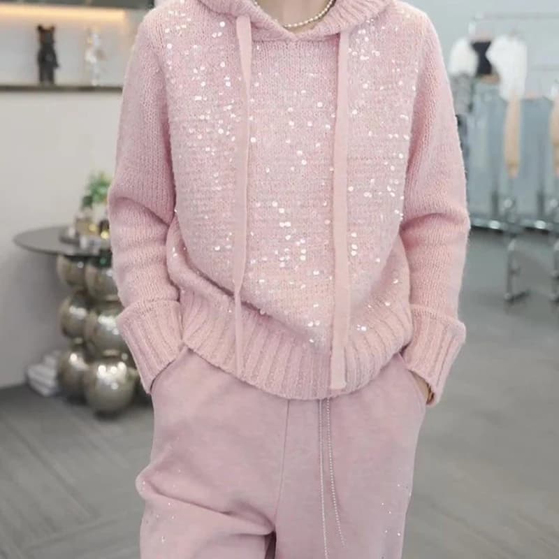 Shiny Sequin Short Women's Pullover Sweater round Neck Knitted Top Autumn New Style Minimalist High-End Feeling Elegant
